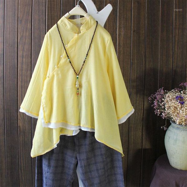 

double layer cotton linen chinese shirts solid color vintage pearl buckle female blouse three quarter sleeve loose autumn1, White