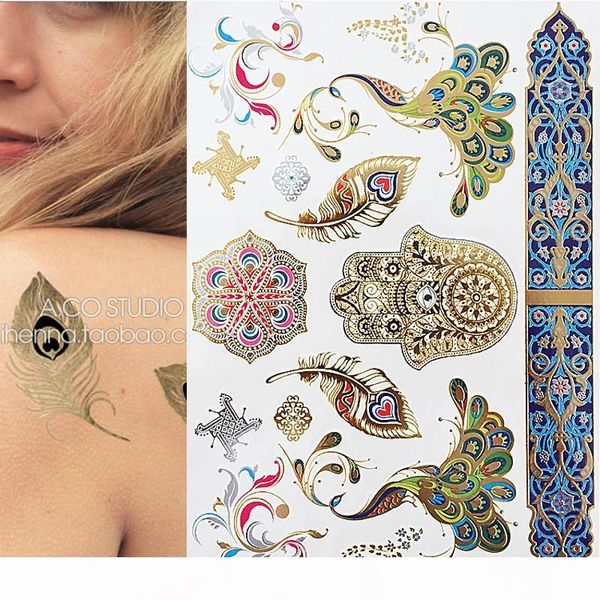 

1pcs flash feathers peacock products metallic waterproof temporary tattoo gold silver
