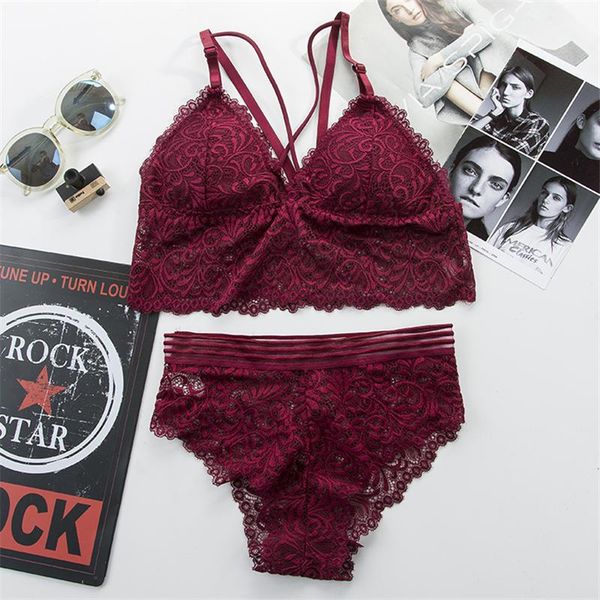 

bras sets lace bra set women thin push up seamless panty underwear wireless cross straps intimates ladies briefs lingerie, Red;black