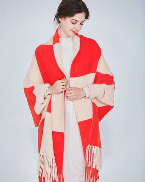 

scarves brand design with sleeve poncho scarf winter warm mink cashmere cloak cape tassel blanket knitted sweater coat shawl, Blue;gray