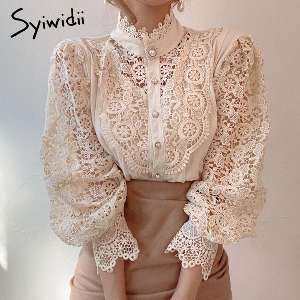 

syiwidii long sleeve blouse womens shirts lace 2020 fall korean fashion white hollow out office lady floral turtleneck new