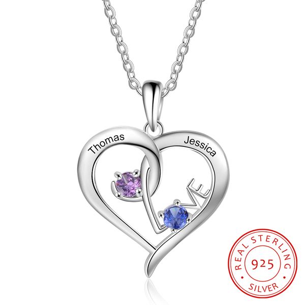 

personalized 925 sterling sliver necklace customized names birthstones heart with love pendant promised jewelry gfit for women q0531, Silver