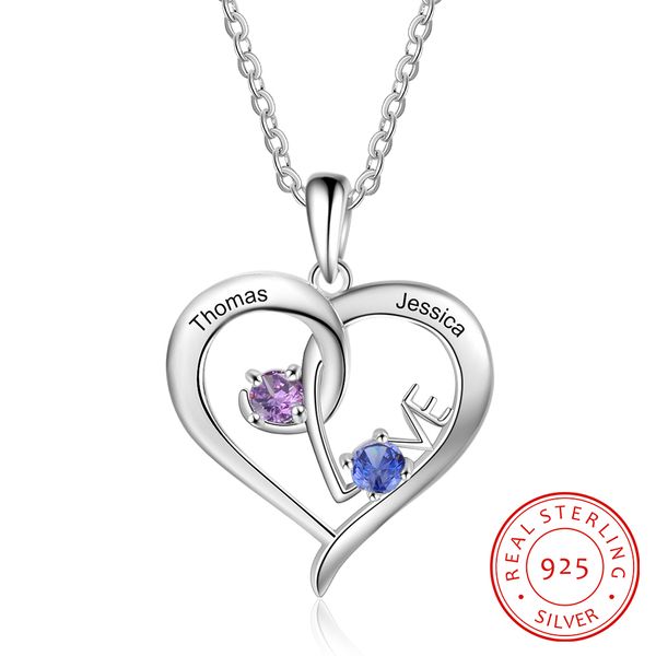 Collana personalizzata con nastro in argento sterling 925 Nomi personalizzati Pietre portafortuna Cuore con ciondolo AMORE Gioielli promessi Gfit per donna Q0531