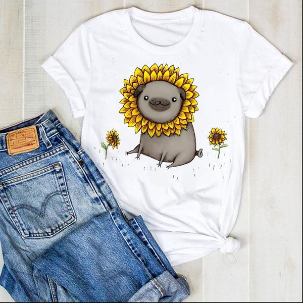 

women lady cartoon dog sunflower pet print fashion summer ladies t tee tshirt womens female shirt clothes graphic t shirt, White