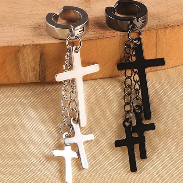 

stud punk earrings cross pendant dangle long drop chain tassel titanium steel women men jewelry charms design, Golden;silver