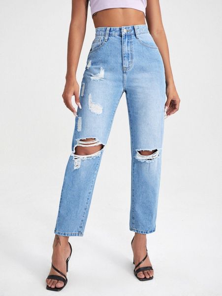 

high waisted ripped light wash jeans o1bl#, Blue