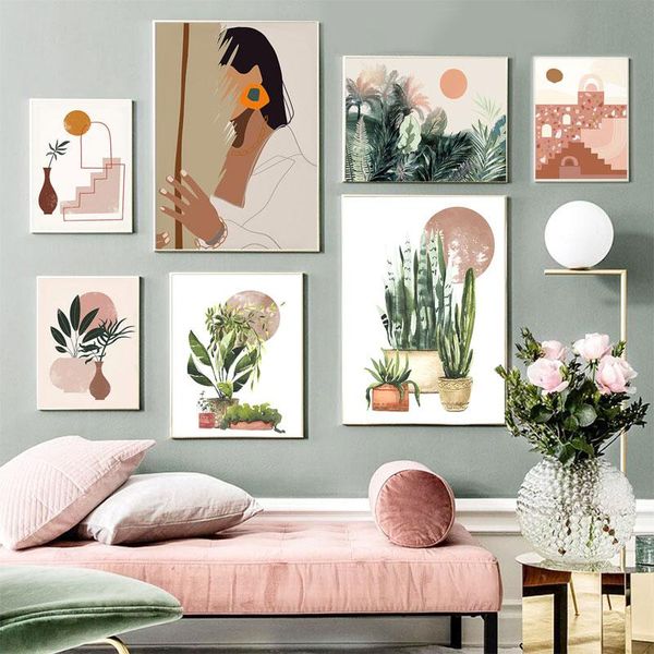 

abstract vintage girl potted plant leaves wall art canvas painting nordic posters and prints wall pictures for living room decor