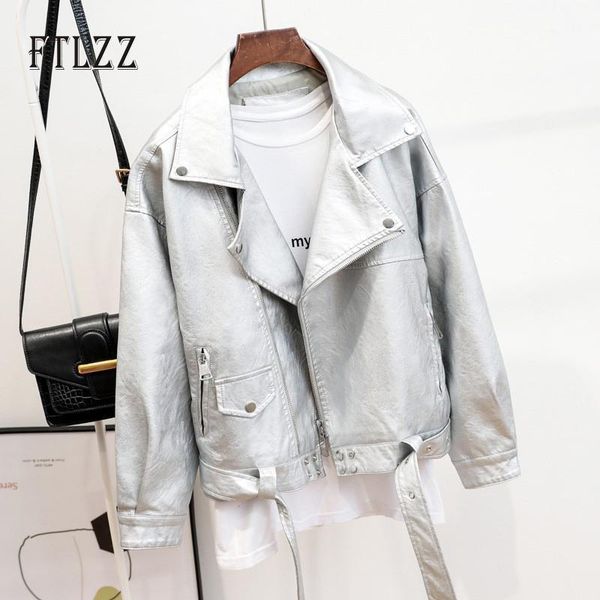 

women streetwear silver leather jacket new 2020 spring autumn loose zipper biker short coats ladies motorcycle black pu outwear1