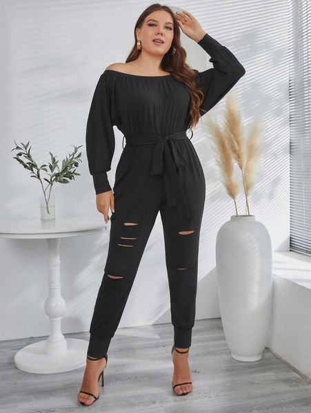 

plus cut out off shoulder bishop sleeve belted jumpsuit x8qj#, Black