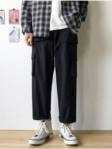 

men flap pocket cargo pants s6n9#, Black