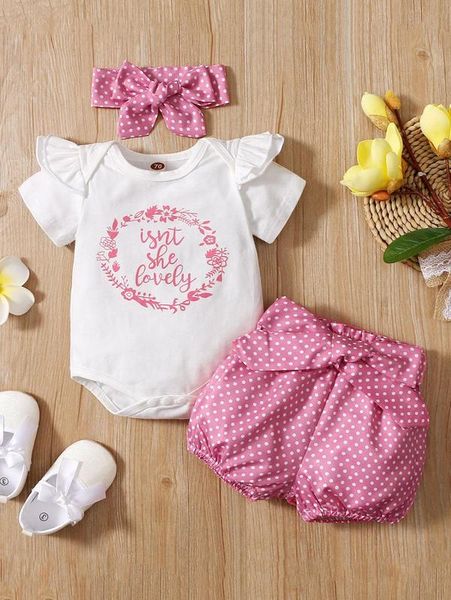 

baby floral & slogan graphic ruffle trim bodysuit & polka dot print belted shorts & headband she, White