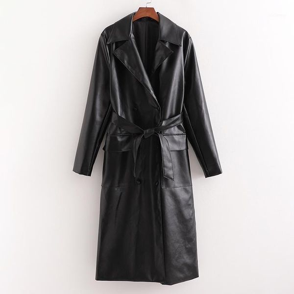 

floy fashion tie belt pu leather trench women elegant double breasted long trench women black turn down collar ladies1, Tan;black