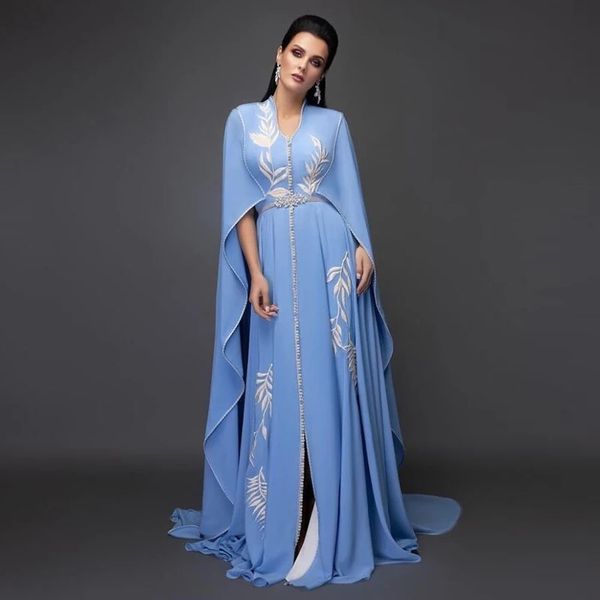 

sky blue 2022 arabic evening dresses v-neck light blue white appliques cap sleeve kaftan dubai chiffon caftan prom gown party dress, Black;red
