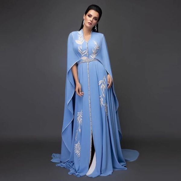 Himmelblau 2024 Arabische Abendkleider V-Ausschnitt Hellblau Weiß Applikationen Flügelärmel Kaftan Dubai Chiffon Kaftan Abendkleid Partykleid