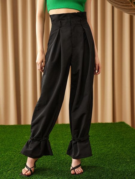 

fold pleated strap hem pants r6ds#, Black;white
