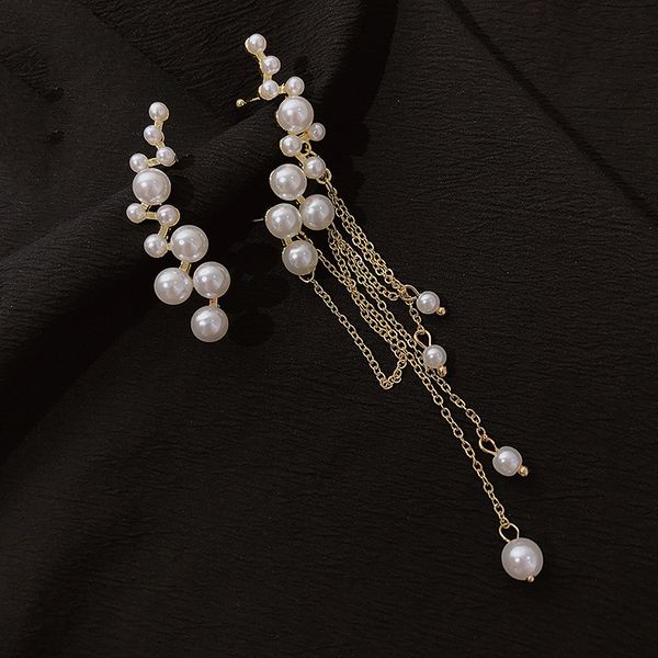 

fashion 925 silver needle pearl tassel asymmetric ear clip one-piece earrings korean graceful personality fashionable and popular earrings f, Golden