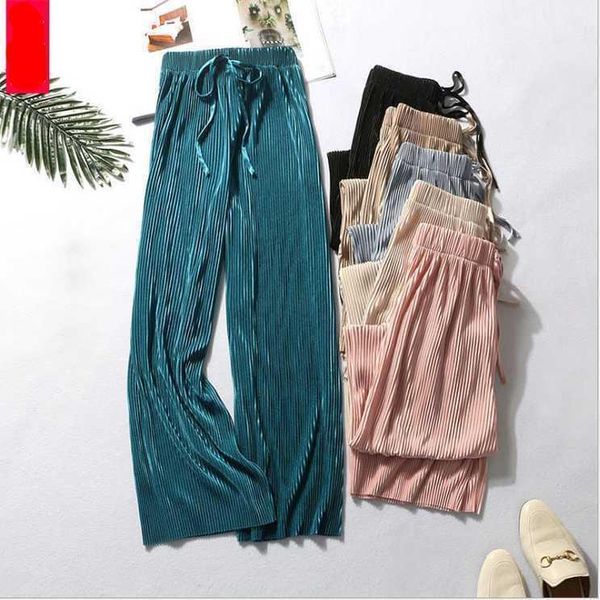 

4xl ice silk pleated wide-leg pants women 2020 summer new korean version of loose chiffon trousers high waist casual nine-poin11, Black;white