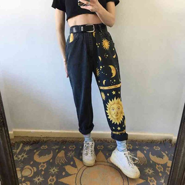 

fashion sun star printed pants jeans women autumn black high waist young girls chic denim trousers woman cool boyfriends jeans, Blue