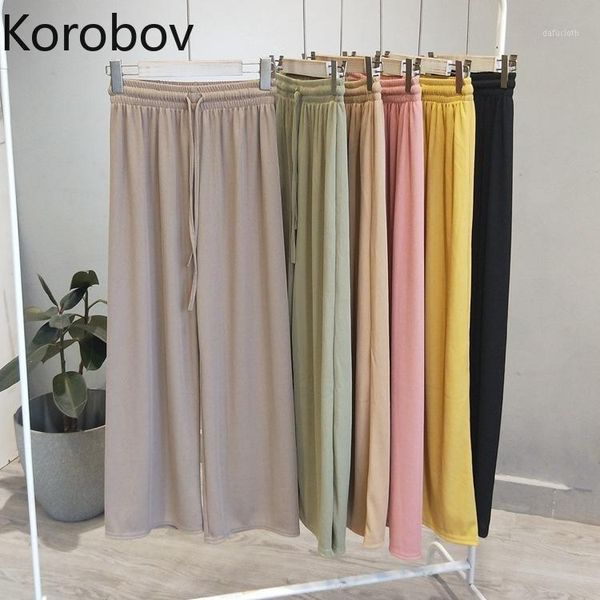 

korobov 2020 new arrival autumn women wide leg pants korean high waist knitted women trousers elastics casual joggers femme1, Black;white