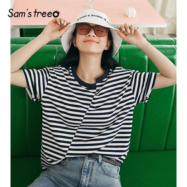 

sam's tree blue striped irregular patchwork casual women t-shirts 2020 summer new short sleeve korean stylish ladies daily 1, White
