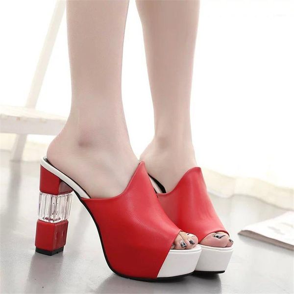 

summer women elegant red high heel sandals peep toe platform shoes crystal chunky heel shoes lady thick fashion 401, Black