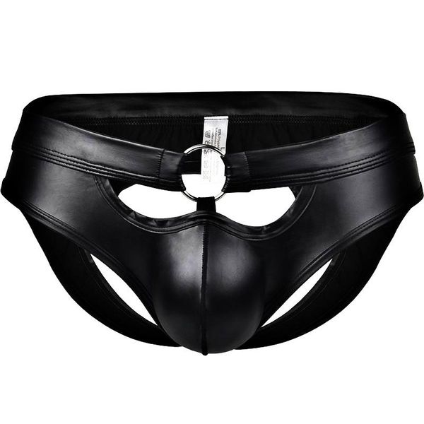 

underpants men metal ring backless briefs gay underwear open erotic imitation faux leather lingerie for, Black;white