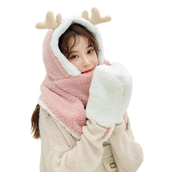 

beanie/skull caps women winter warm 3 in 1 hoodie hat with long scarf gloves combo cartoon reindeer antler fluffy plush earflap cap mitten, Blue;gray