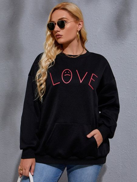 

plus letter and cartoon face print drop shoulder sweatshirt b63o#, Black