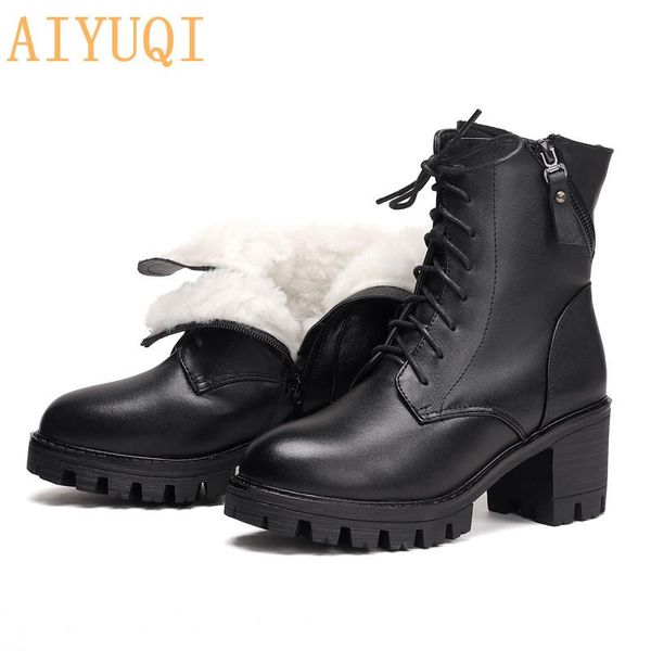 

boots aiyuqi women ankle genuine leather wool warm big size 41 42 43 winter shoes for, Black