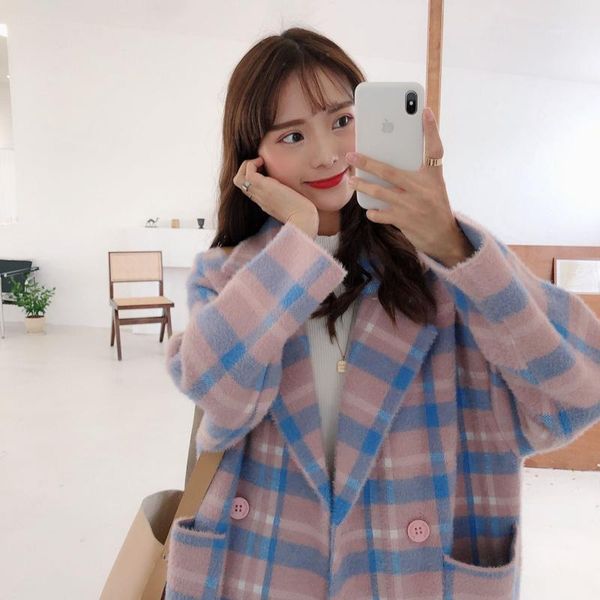 

long wool coat mink-like plaid jacket female 2020new spring winter immortal sweater loose knitted cardigan overcoat wide-waisted1, Black