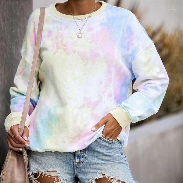 

2020 spring womens hoodies multicolor casual long sleeve round collar sweatshirt loose printed tie dyeing hoodie oversize1, Black