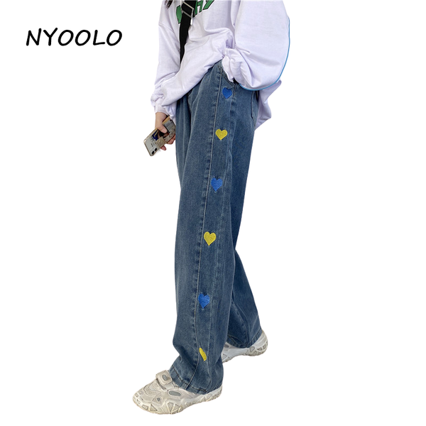 

nyoolo vintage streetwear love embroidery high waist boyfriend washed jeans women casual elastic waist straight denim pants, Blue