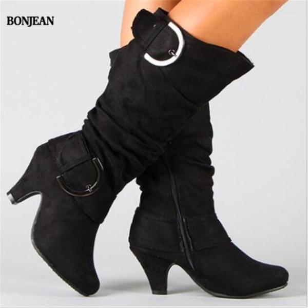 

bonjean new knee high boots women autumn faux suede buckle fashion spike heels woman shoes winter, Black