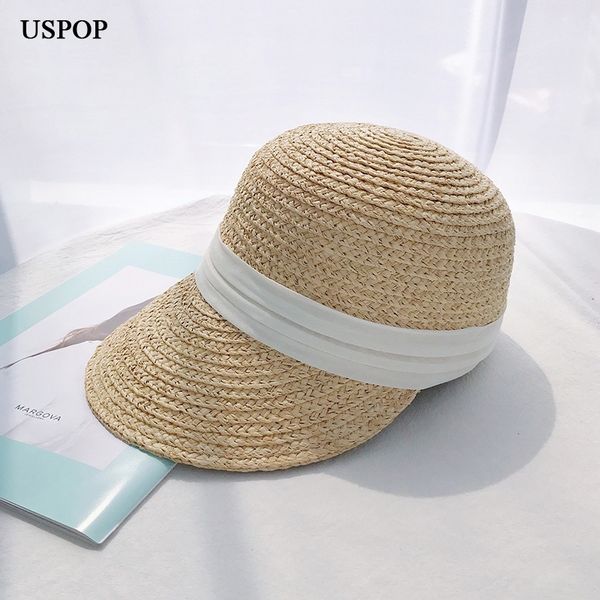 

uspop women summer hats straw casual raffia sun visor caps fashion wide brim chiffon ribbon beach hat y200714, Blue;gray