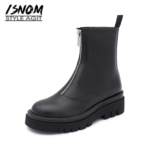 

boots isnom genuine leather ankle women front zipper wedges shoes woman platform booties flat heel winter female boot ladies, Black