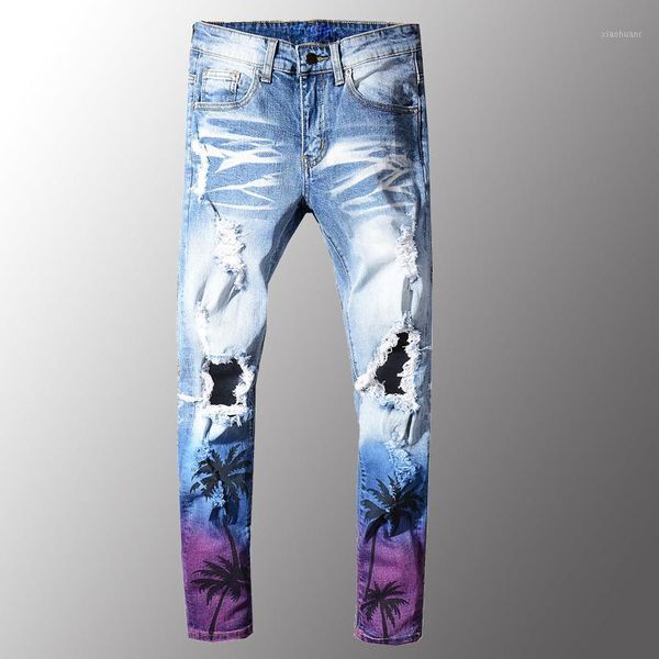 

hi street men destroyed painted jeans pants fashion streetwear tie dye denim trousers tree printed plus size 28-401, Blue