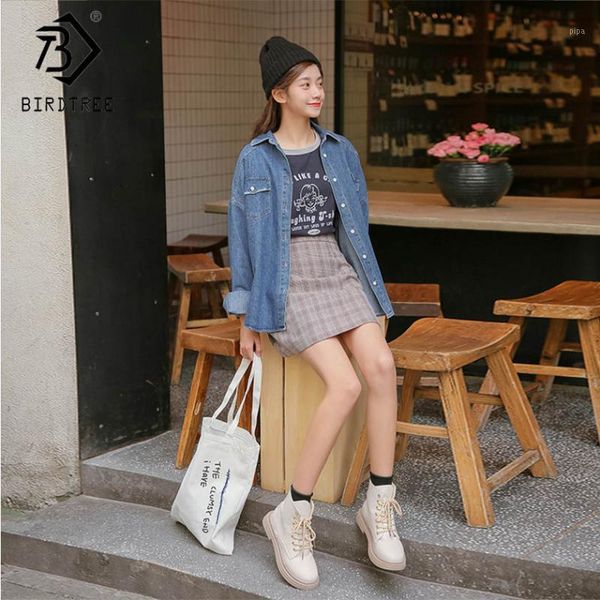 

women solid jeans denim jacket single breasted turn down collar pockets long sleeve loose coat casual korean style c91320j1, Black;brown
