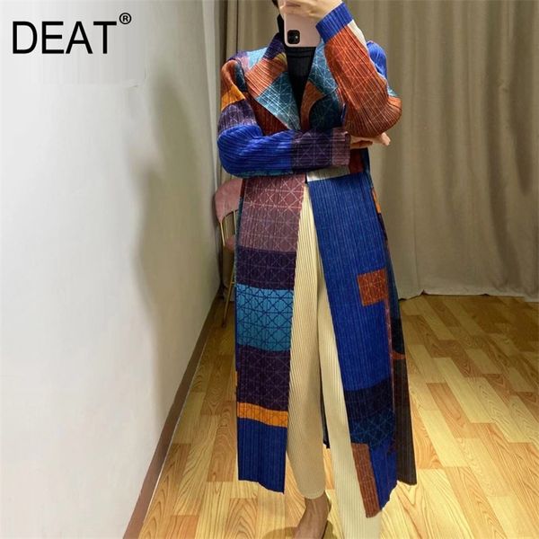 

[deat] autumn fashion summer women pleated coat trench thin trench lapel color block geometric cardigan ap322 201031, Tan;black