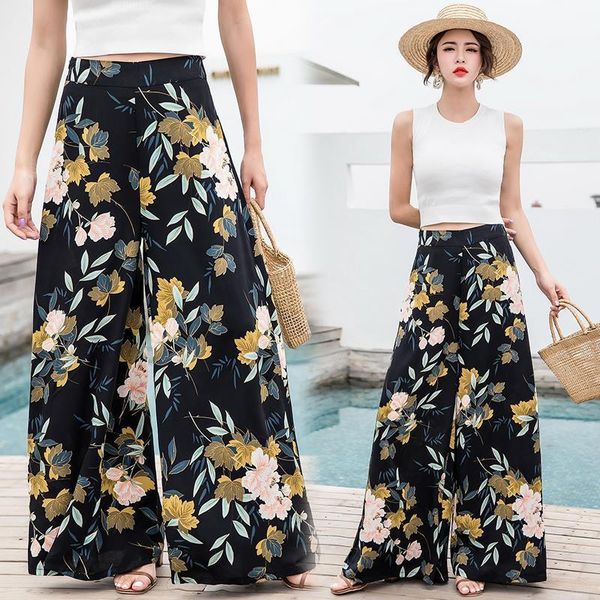 

2018 vintage bohemian wide-leg pants high waist large wide leg trousers seaside holiday trousers mopping drop shipping, Black;white