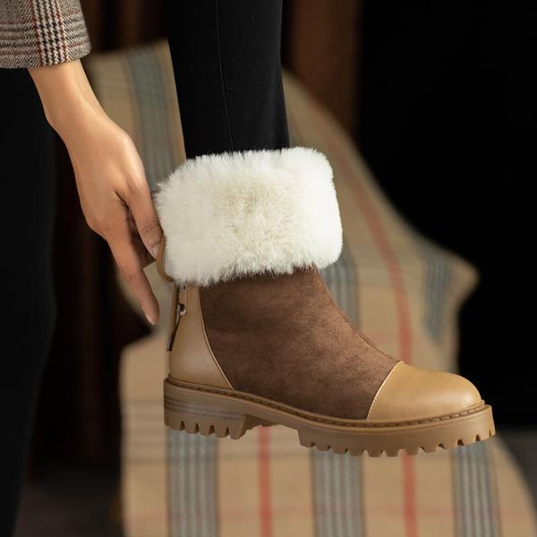 

boots 2021 winter chunky snow women suede leather warm plush platform ankle fur lace up fashion ladies booties thick heels, Black