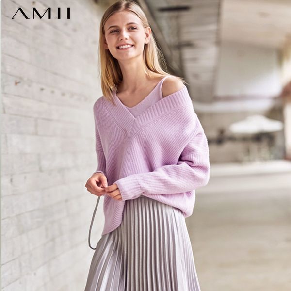 

amii autumn women two pieces set female elegant v neck sling tank and pullovers sweater 11820125 lj201112, White;black