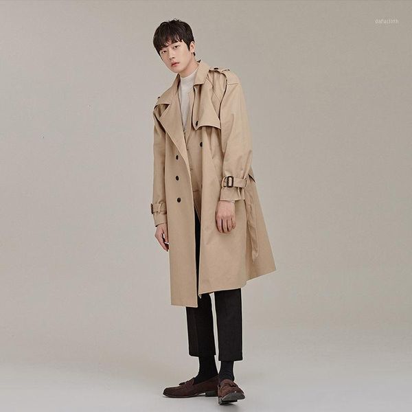 

mrgoldenbowl new spring and autumn men coat long flare sleeve turn-down collar double breasted solid casual style men coat1, Tan;black