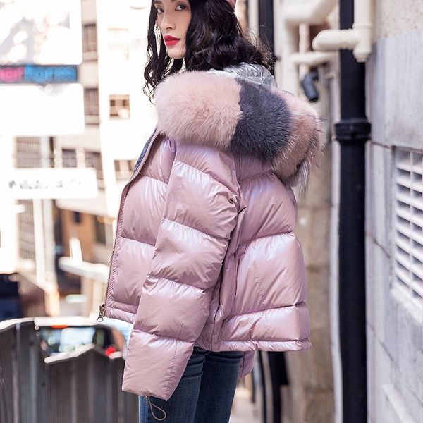 

women white duck down winter jacket 2019 big natural fox fur collar hooded double sided short glossy shiny coats real fur parkas y200107, Black