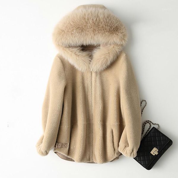

fur hooded real fur coat wool jacket autumn winter coat women clothes 2020 korean vintage sheep shearling abrigo mujer1, Black