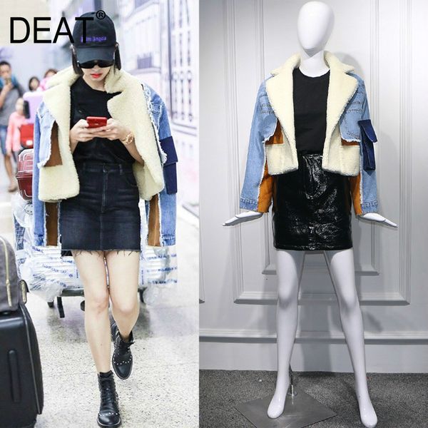 

deat winter sheep fur turn-down collar full sleeves denim blue patchwork spliced clothes letters printed coat trench wj1020 201017, Black;brown