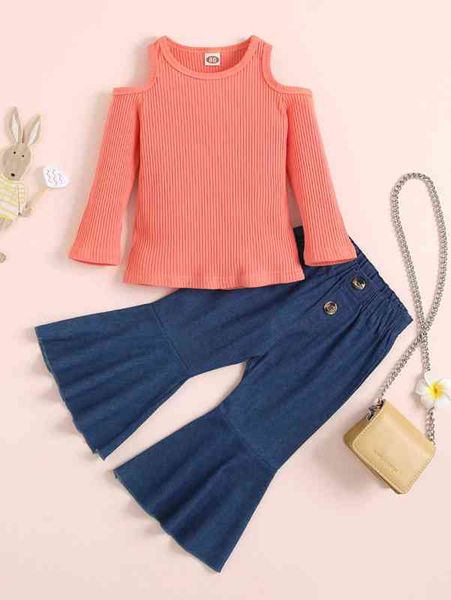 

baby girl cold shoulder tee with flare leg jeans she, Blue