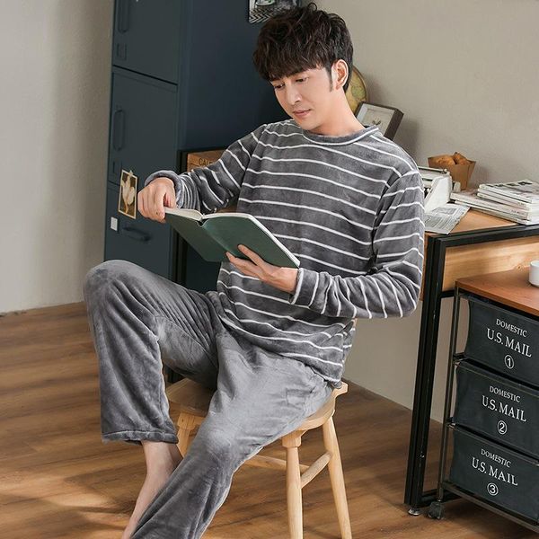 

elan milre more new winter warm coral fleece pajamas flannel man long sleeve two-piece leisure household to take pijama hombre, Black;brown