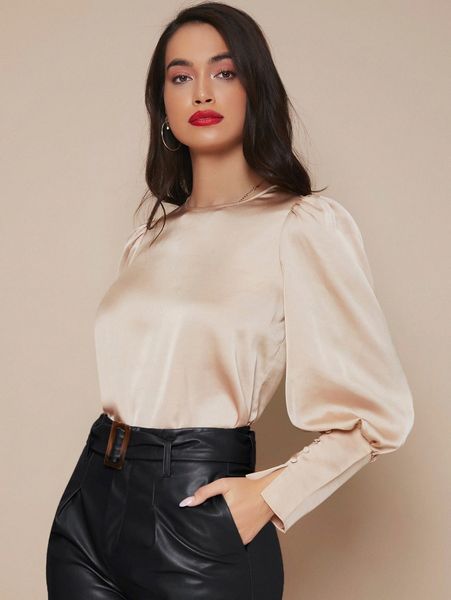 

buttoned cuff lantern sleeve satin q1ym#, White