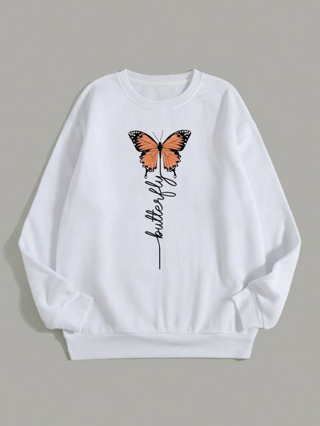 

letter & butterfly print thermal pullover i2j8#, White;black