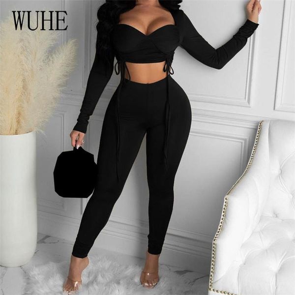 

wuhe streetwear casual two piece set long sleeve hollow out v neck pleated drawstring short crop +tight pencil pants, Gray